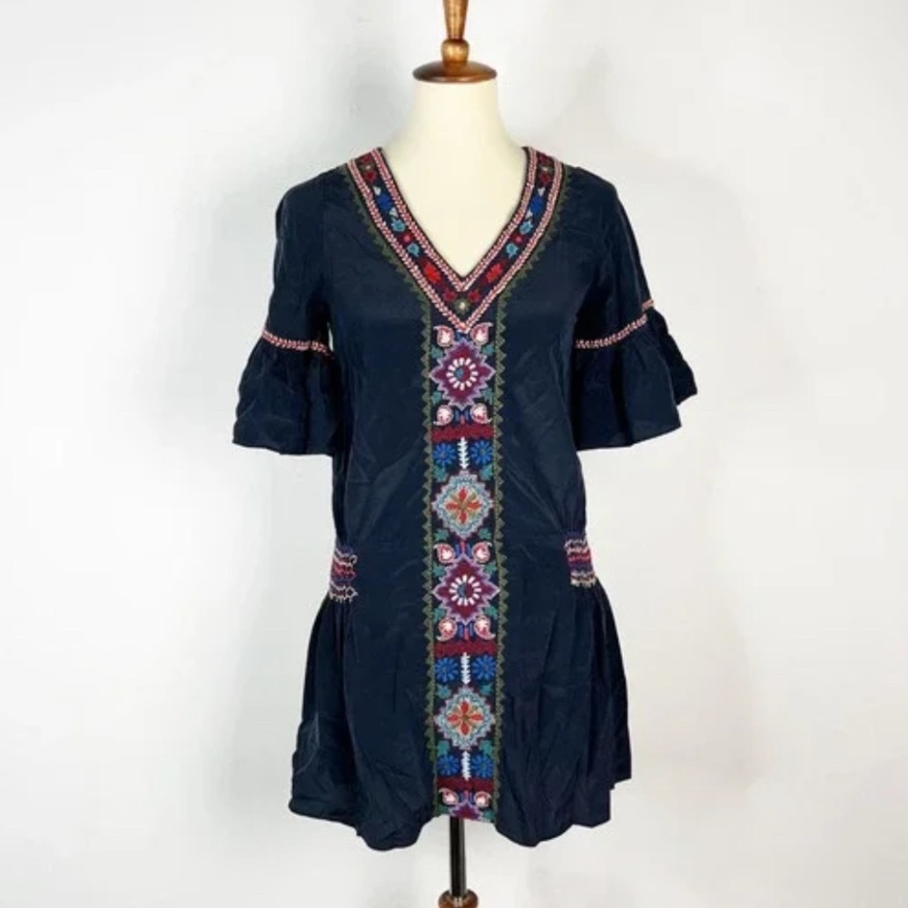 Calypso St. Barth Silk Embroidered Navy Dress with Floral Accents Mini Small
